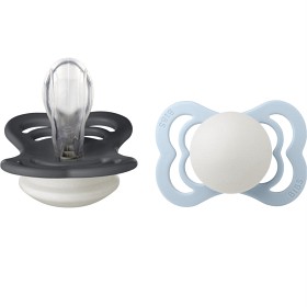 BIBS Pacifier Supreme 2-pack Silicone Size 1 Iron Glow/Baby Blue Glow