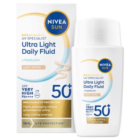 NIVEA SUN solkrem ansikt UV Face Ultra Light Fluid, Light Tinted SPF 50+, 40 ml