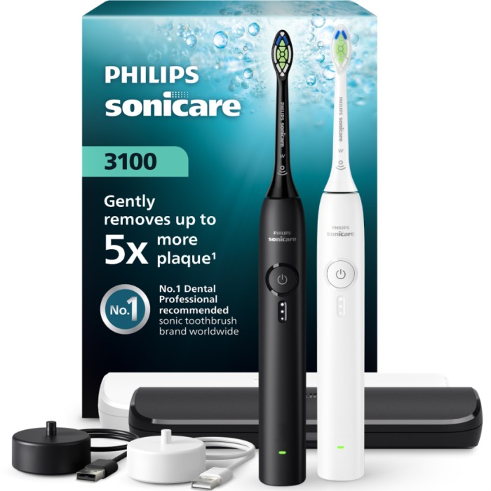 HX4072/73 Philips Sonicare 3100 Series elektrisk tannbørste 2-pack, Svart & Hvit