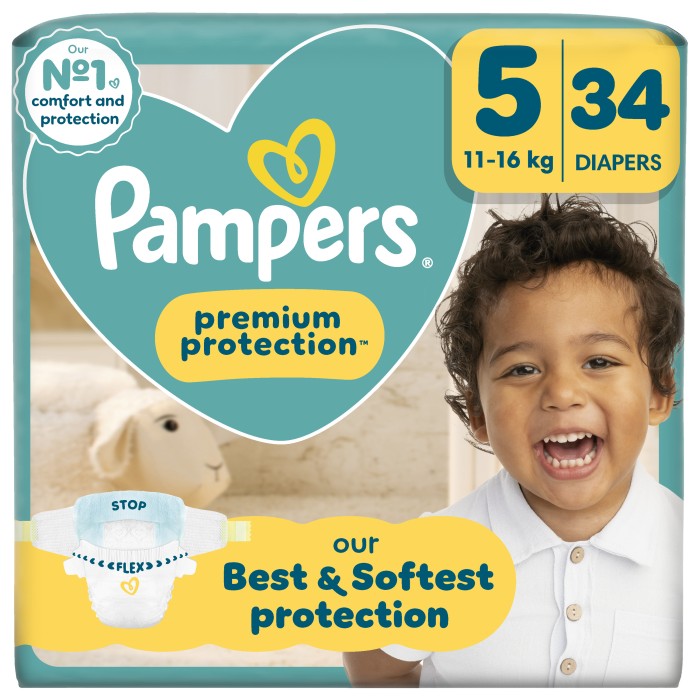 Pampers Premium Protection Størrelse 5, 34 bleier, 11kg-16kg