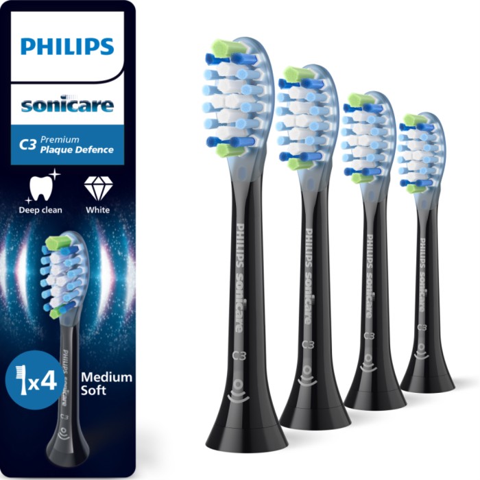 Philips Sonicare C3 Premium Plaque Defence borsthoder, Svarte, 4-pack, HX9044/88