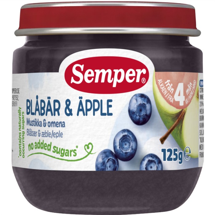 Semper Fruktpuré Blåbær & Eple 4M 125 g